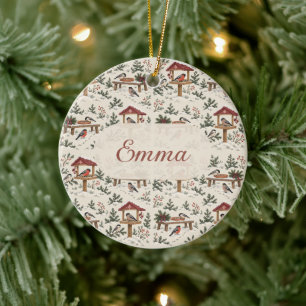 Personalised Nordic Christmas Bird Feeder Scene Ceramic Ornament