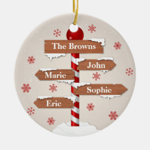 Personalised North Pole 4 Family Names Ceramic Ornament