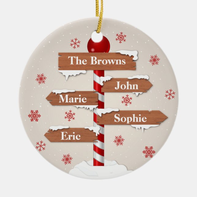 Personalised North Pole 4 Family Names Ceramic Ornament (Front)