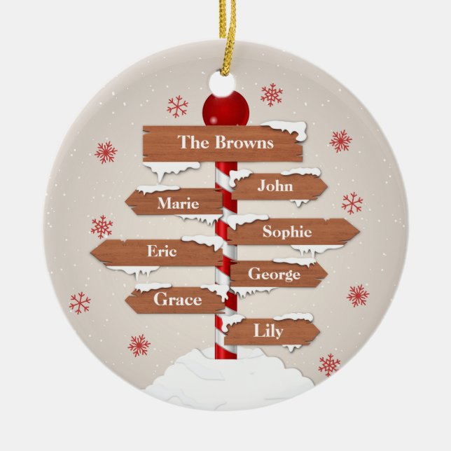 Personalised North Pole 7 Family Names Ceramic Ornament (Front)