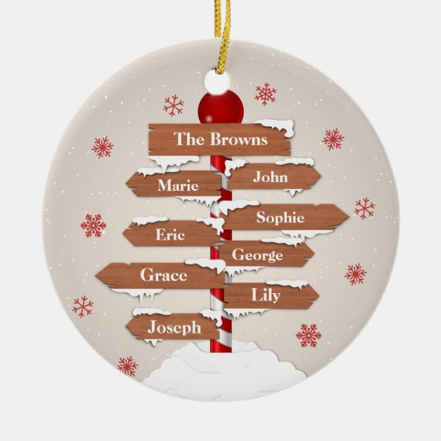 Personalised North Pole 8 Family Names Ceramic Ornament (Front)
