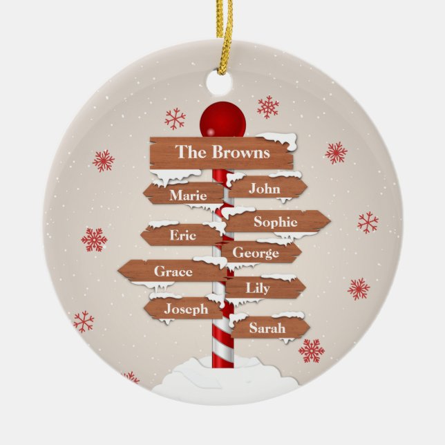 Personalised North Pole 9 Family Names Ceramic Ornament (Front)
