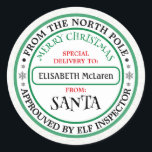 Personalised North Pole Santa Name Sticker<br><div class="desc">Custom Santa Claus Name Sticker — North Pole Workshop! ___________________________________ Delight kids and finish gifts with this Personalised North Pole Workshop Santa Name Sticker. This festive red-and-green square sticker features a cute Santa illustration—red hat, snowy beard—and customisable white script where you can add your child’s name or a short message...</div>