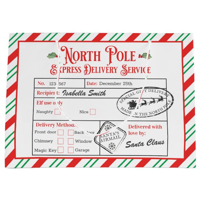 Personalised North Pole Special Delivery Santa Large Gift Bag (Front)