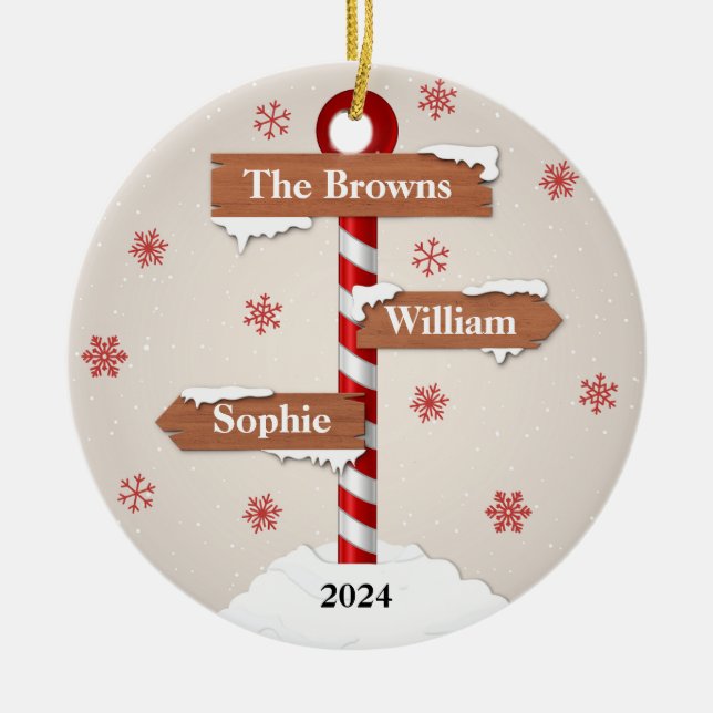 Personalised North Pole with 3 Customisable Signs Ceramic Ornament (Front)