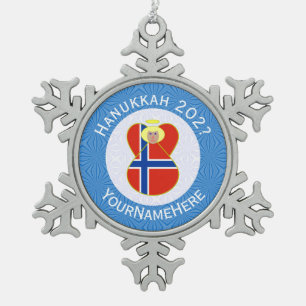 Personalised Norwegian Angel Hanukkah Flag Snowflake Pewter Christmas Ornament