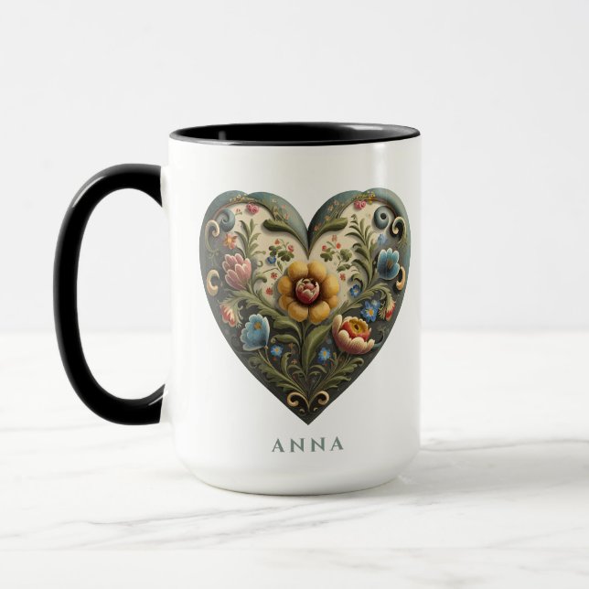 Personalised Norwegian Rosemaling Folk Art Heart M Mug (Left)