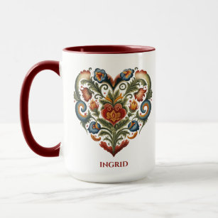 Personalised Norwegian Rosemaling Folk Art Heart Mug