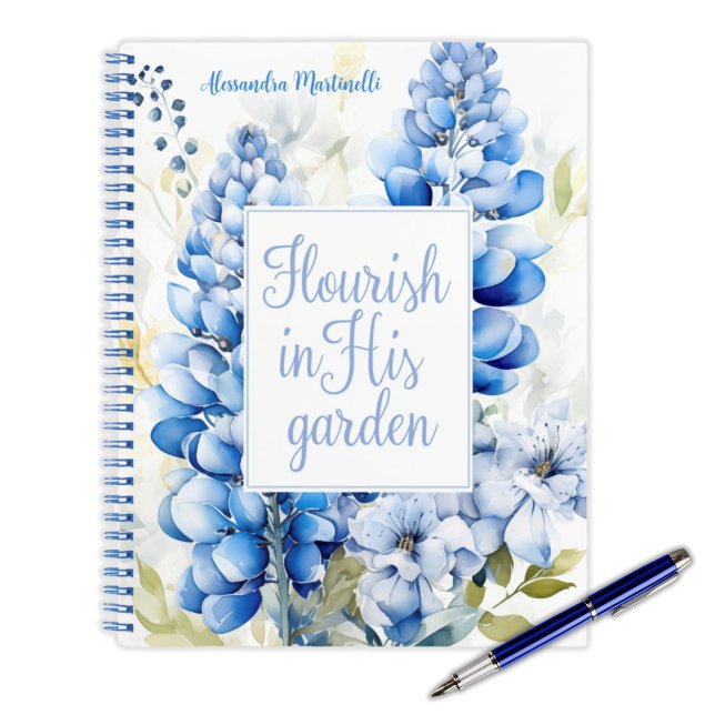 Personalised Notebook Flourish in His Garden  (Personalized Notebook Easter Gift Flourish in His Garden Christian Bluebonnet Floral)