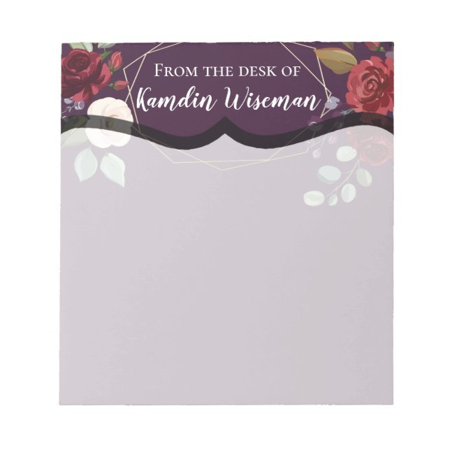 Personalised Notepad Plum Purple Roses Gold Geomet (Front)