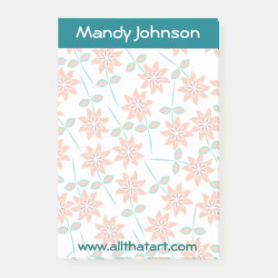 Personalised Notepad-Teal Border Faded Red Flowers Post-it Notes