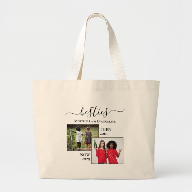 Personalised Now Then 2 Photo BESTIES Large Tote Bag (Front)