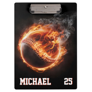 Personalised Number and Name Baseball Ball on Fire Clipboard