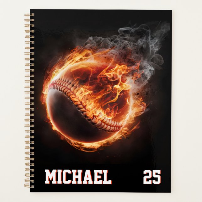 Personalised Number and Name Baseball Ball on Fire Planner (Front)