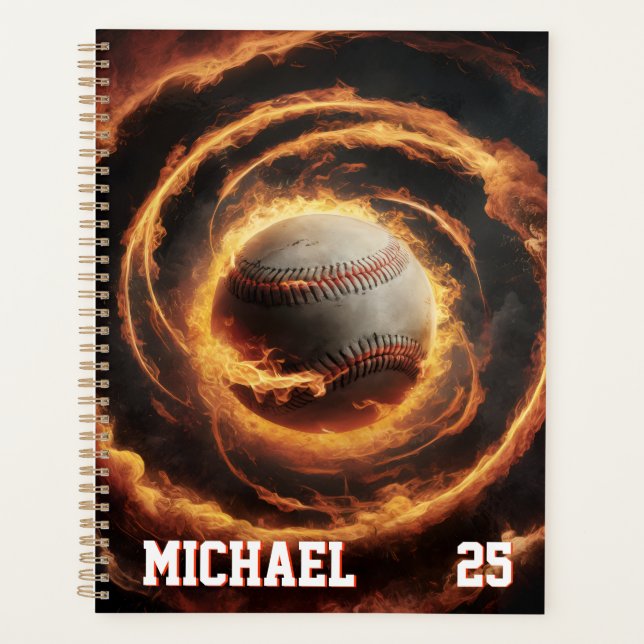 Personalised Number and Name Baseball Ball on Fire Planner (Front)