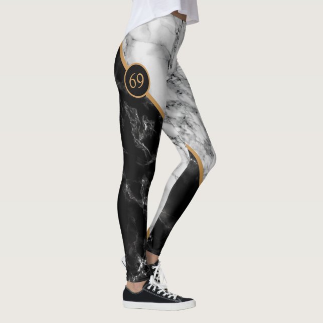 personalised Numbers Leggings Black White Marble (Right)
