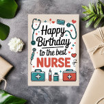 Personalised Nurse Birthday Card<br><div class="desc">This personalised nurse birthday card design includes the words "Happy Birthday to the Best Nurse". These words are surrounded by various medical tools and a pink border. The inside of the card says "Wishing you the same care and kindness you give every day. Happy Birthday!". You are able to add...</div>