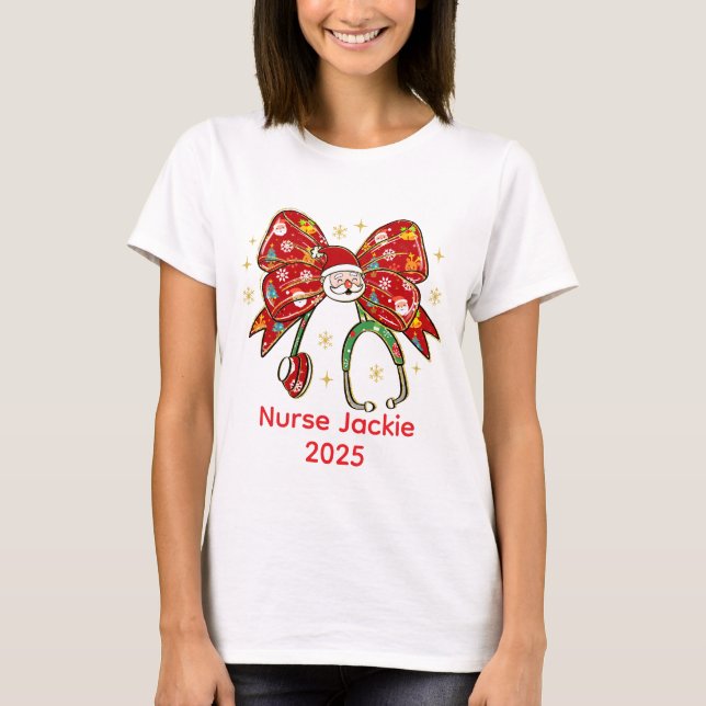 Personalised Nurse Christmas Stethoscope Bow T-Shirt (Front)