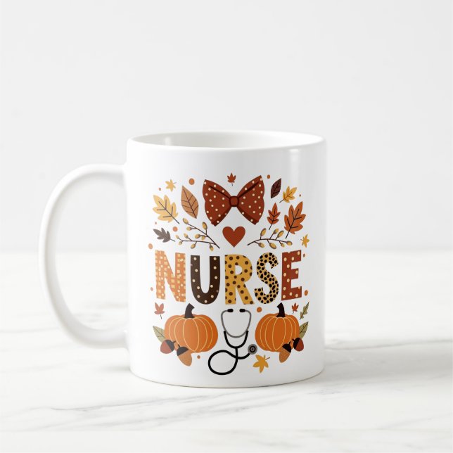 Personalised Nurse – Cute Pumpkin & Autumn Leaves  Coffee Mug (Left)