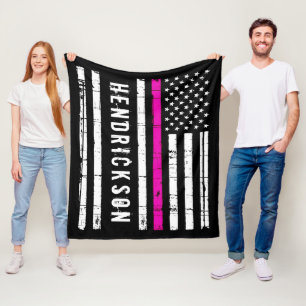 Personalised Nurse Flag Thin Pink Line Fleece Blanket