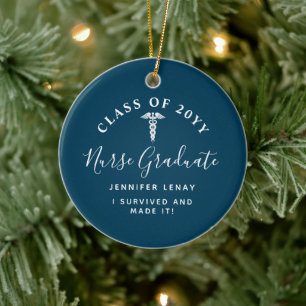 Personalised Nurse Graduation Blue Caduceus Ceramic Ornament
