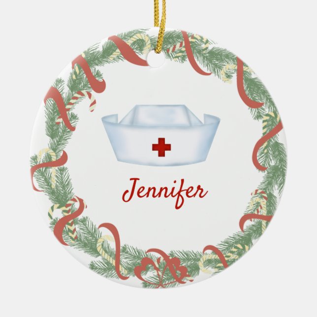 Personalised  Nurse Hat Christmas Wreath Ceramic Ornament (Front)