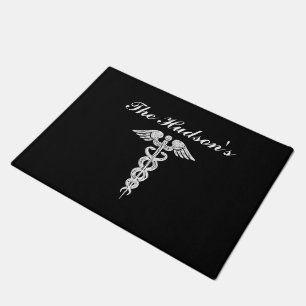 Personalised Nurse Medical Caduceus Black White Doormat