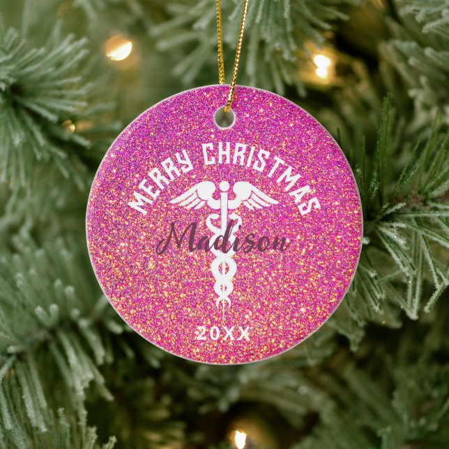 Personalised Nurse Pink Glitter Christmas Ceramic Ornament (Tree)
