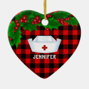 Personalised Nurse Red Buffalo Plaid Christmas Ceramic Ornament