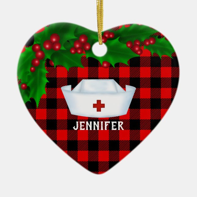 Personalised Nurse Red Buffalo  Plaid Christmas Ceramic Ornament (Front)
