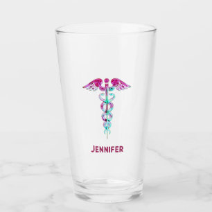 Personalised Nurse Retro Pink Teal Caduceus Glass