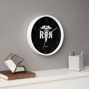 Personalised Nurse RN Black White Caduceus Medical Clock