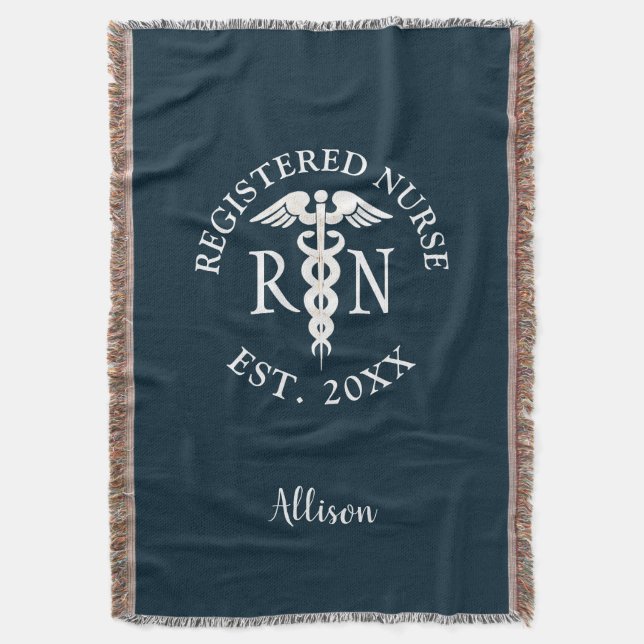 Personalised Nurse RN Graduation Navy Blue White Throw Blanket (Front Vertical)
