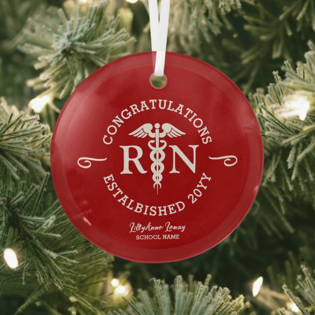 Personalised Nurse RN Graduation Red Medical Glass Tree Decoration (Insitu)