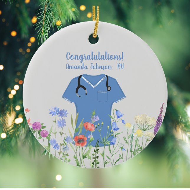 Personalised Nurse RN LPN NP Blue Scrubs Ceramic Ornament (Creator Uploaded)