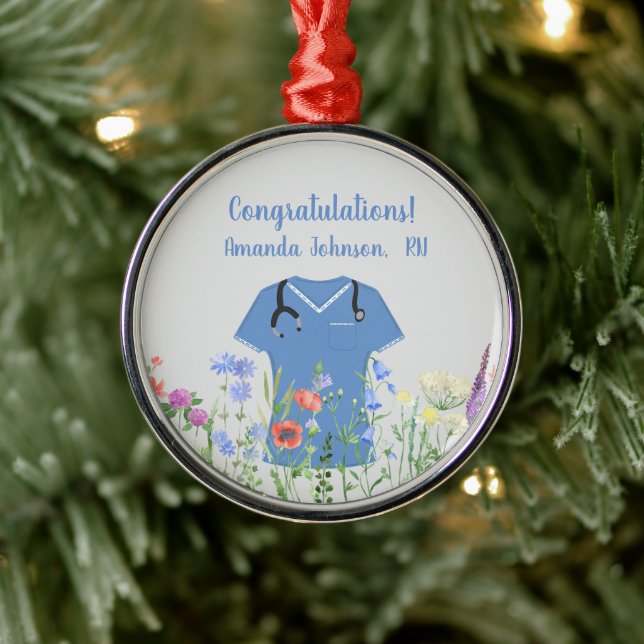 Personalised Nurse RN LPN NP Blue Scrubs Metal Ornament (Tree)
