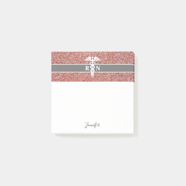 Personalised Nurse RN Rose Gold Glitter Caduceus Post-it Notes (Front)