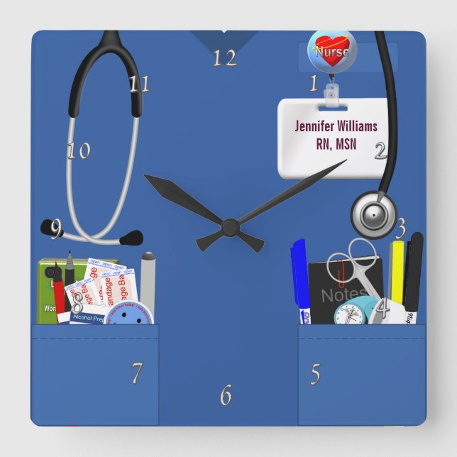 Personalised Nurse Scrubs in Blue Square Wall Clock (Front)