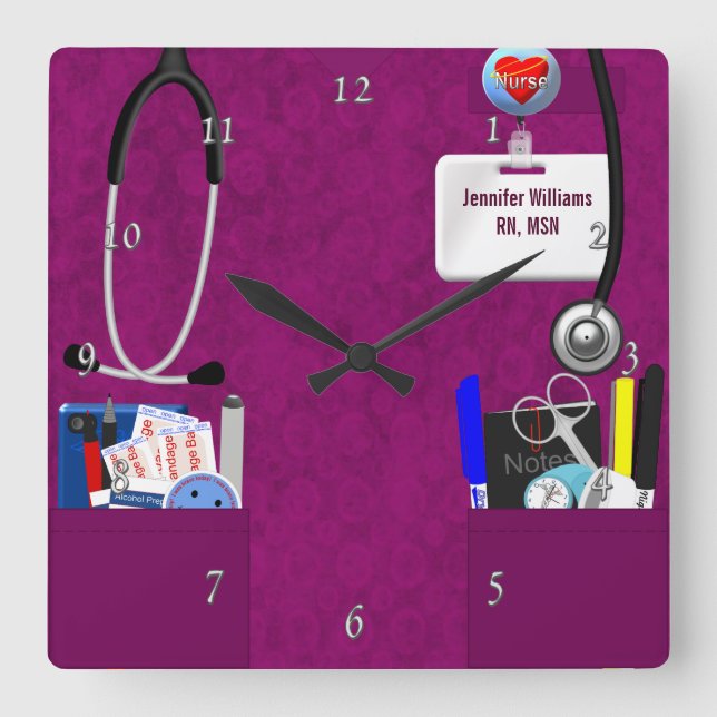 Personalised Nurse Scrubs in Dark Pink Square Wall Clock (Front)