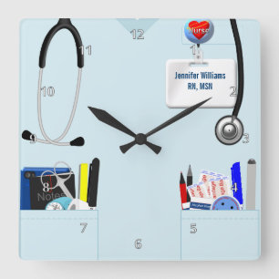 Personalised Nurse Scrubs in Light Blue Square Wall Clock