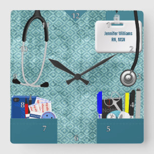 Personalised Nurse Scrubs in Teal Pattern Square Wall Clock