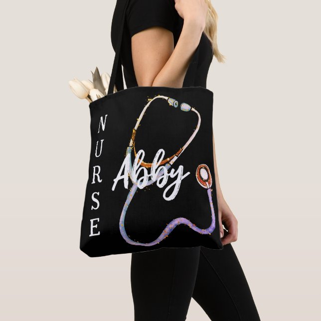 Personalised Nurse Stethoscope Minimalist Black Tote Bag (Close Up)