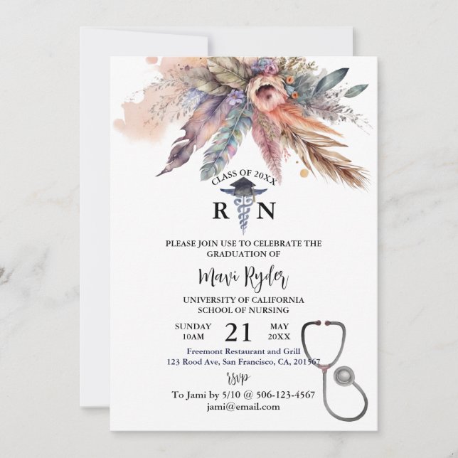 Personalised Nursing Graduation Boho FIoral Party Invitation (Front)