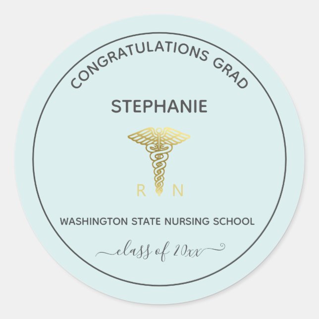 Personalised Nursing School Graduation Light Blue Classic Round Sticker (Front)