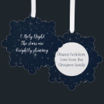 Personalised O Holy Night Christmas Song Lyrics Tree Decoration Card<br><div class="desc">This Christmas ornament card features the lyrics "O Holy Night the stars are brightly shining" in a white script font on a background of bright twinkling stars in a night sky,  along with your personalised text on the back.</div>