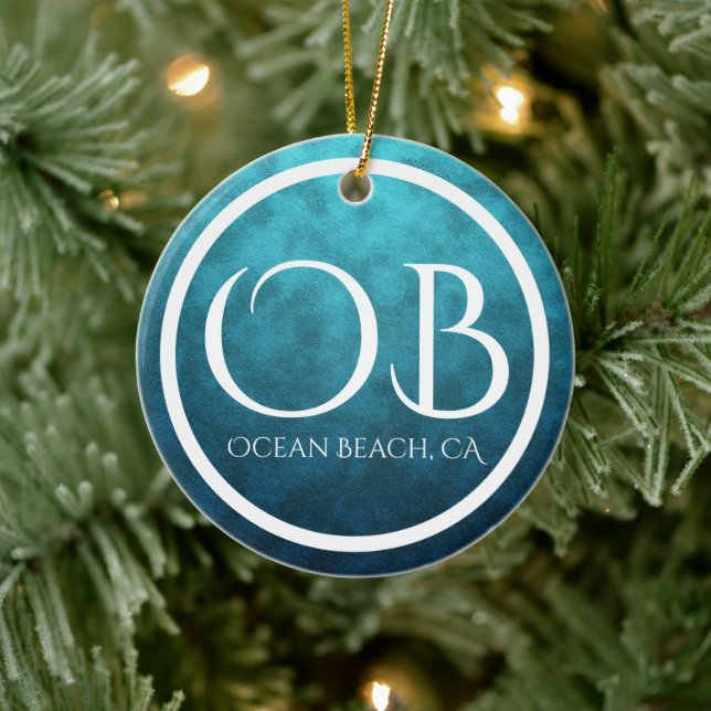 Personalised OB Ocean Beach, CA Blue Bkg Christmas Ceramic Ornament (Tree)