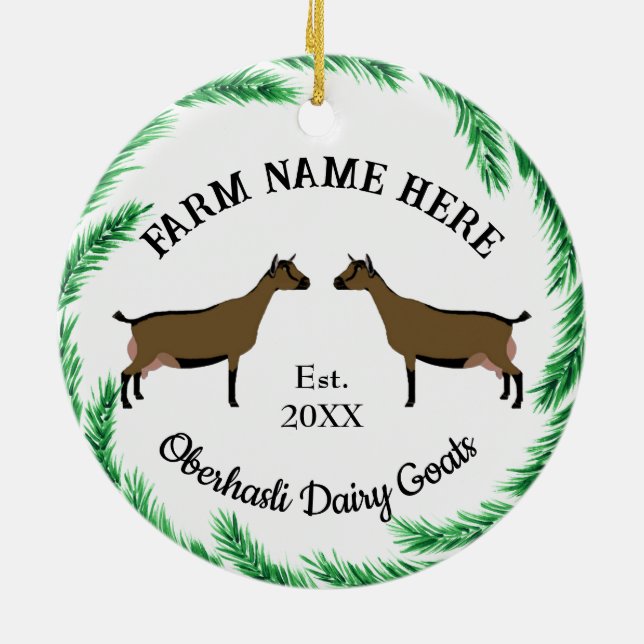 Personalised Oberhasli Dairy Goat Pine Wreath Ceramic Ornament (Back)