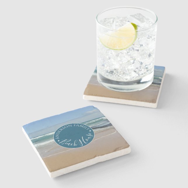 Personalised Ocean Beach House Round Stone Coaster (Side)