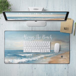 Personalised Ocean Beach Vacation Scene Desk Mat<br><div class="desc">Beautiful painting of an ocean beach with rolling waves on a sunny afternoon and a couple walking on the sand- a perfect vacation spot! Personalise with your own text.</div>