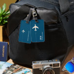 Personalised Ocean-Blue Aeroplane Travelers Luggage Tag<br><div class="desc">An elegant item with the graphic image of a white plane on dark-blue (custom colour),  to identify your luggage at the airport</div>